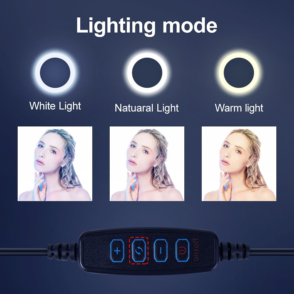 Video Light Dimmable LED Selfie Ring Light USB ring lamp Photography Light with Phone Holder 2M tripod stand for Makeup Youtube