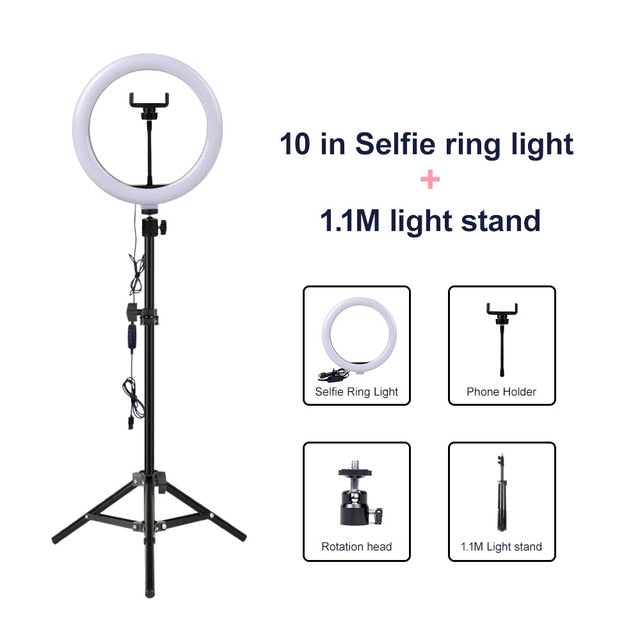 Video Light Dimmable LED Selfie Ring Light USB ring lamp Photography Light with Phone Holder 2M tripod stand for Makeup Youtube