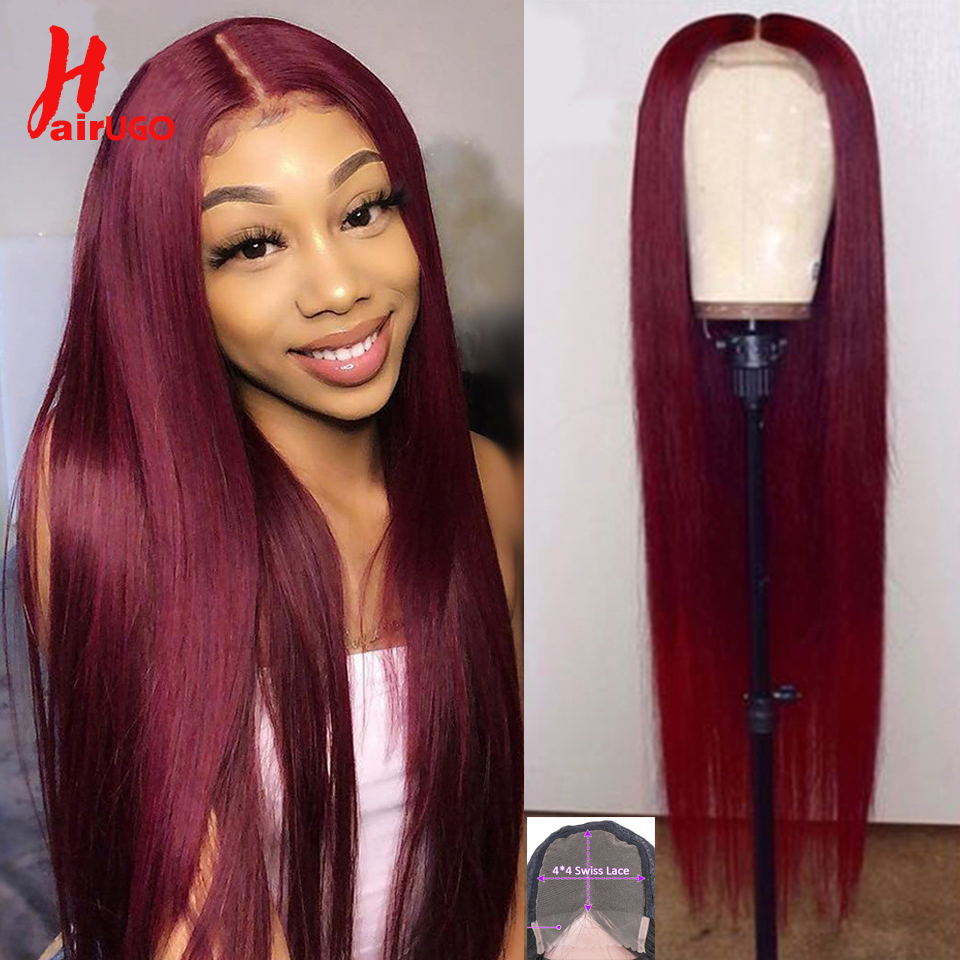 HairUGo 4x4 Lace Closure Wigs 99J Brazlian Remy Straight Lace Closure Human Hair Wigs For Black Women Human Hair Wig Pre Plucked